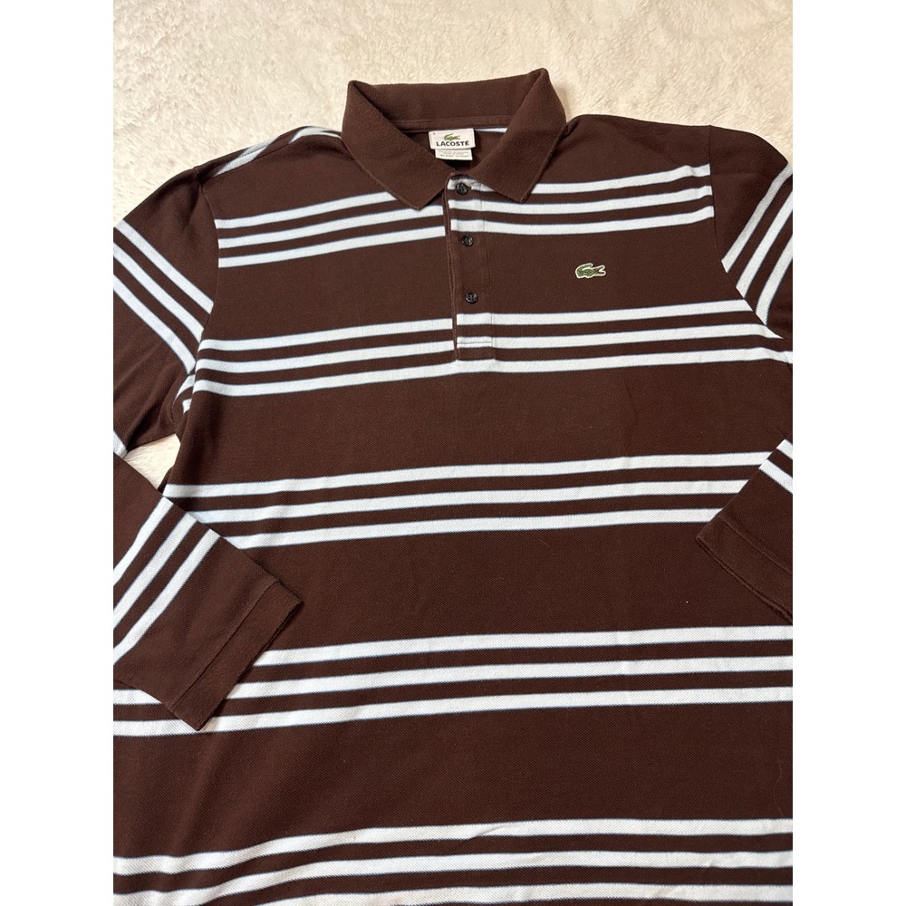 Lacoste Polo Shirt Mens 6 Brown Excellent Long Sleeve Striped Pique Logo - Picture 4 of 4